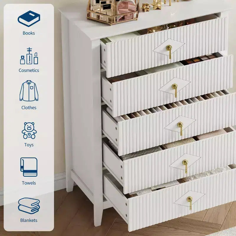 Commode haute à 5 tiroirs cannelés de 109 cm, meuble de rangement moderne en bois pour chambre à coucher, blanc