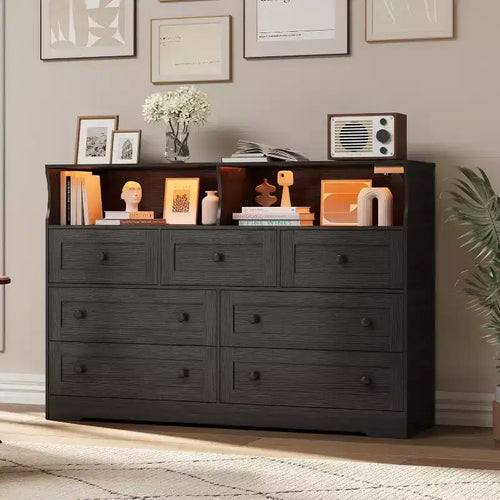 Commode en bois à 7 tiroirs, avec 2 compartiments ouverts et lumières LED pour chambre et salon, noire