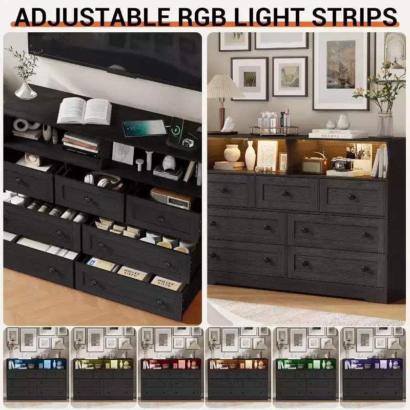 Commode en bois à 7 tiroirs, avec 2 compartiments ouverts et lumières LED pour chambre et salon, noir
