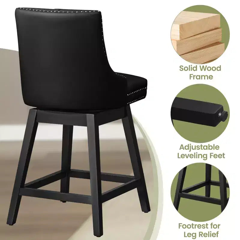 Tabourets de bar modernes KERDOM avec dossier, tabourets de bar rembourrés en cuir PU avec pieds en bois massif, lot de 2/4