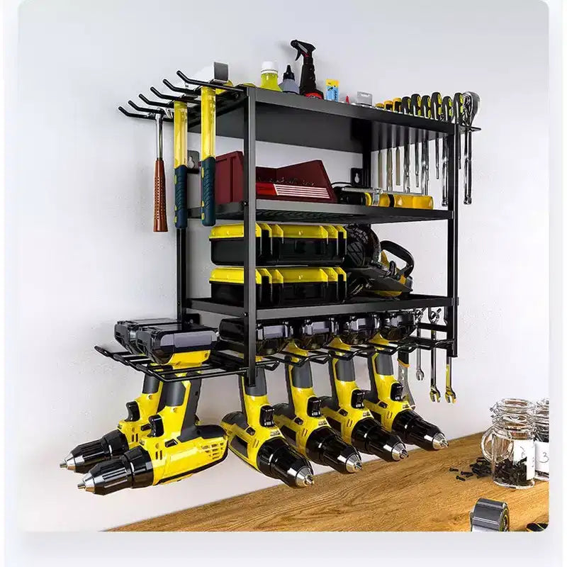 Wall-Mounted Drill and Tool Storage Rack, 4-Level Heavy-Duty Metal Organizer with Multi-Tool Holders for Garage and Workshop