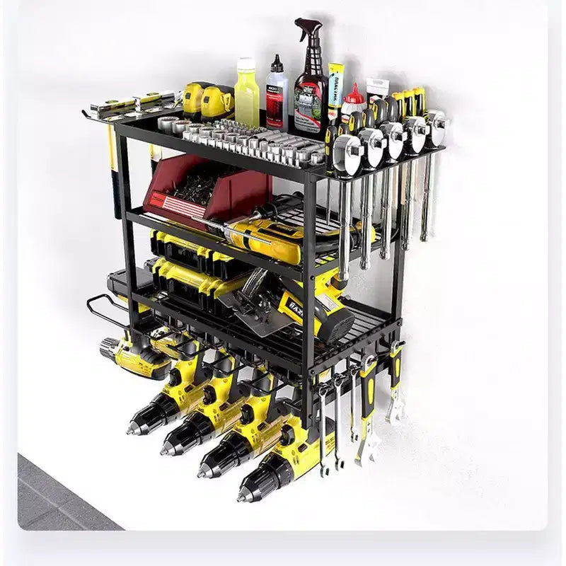 Support mural pour perceuses et outils, organiseur métallique robuste à 4 niveaux avec supports multi-outils pour garage et atelier
