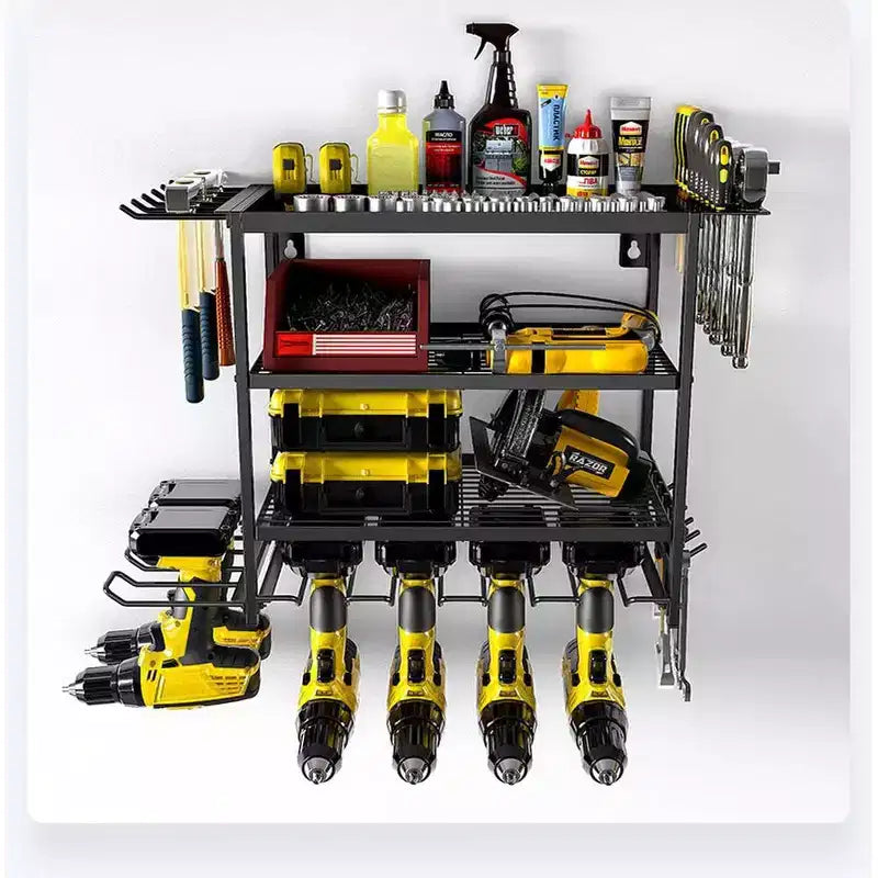 Support mural pour perceuses et outils, organiseur métallique robuste à 4 niveaux avec supports multi-outils pour garage et atelier