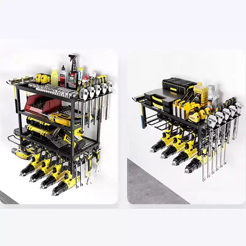 Support mural pour perceuses et outils, organiseur métallique robuste à 4 niveaux avec supports multi-outils pour garage et atelier