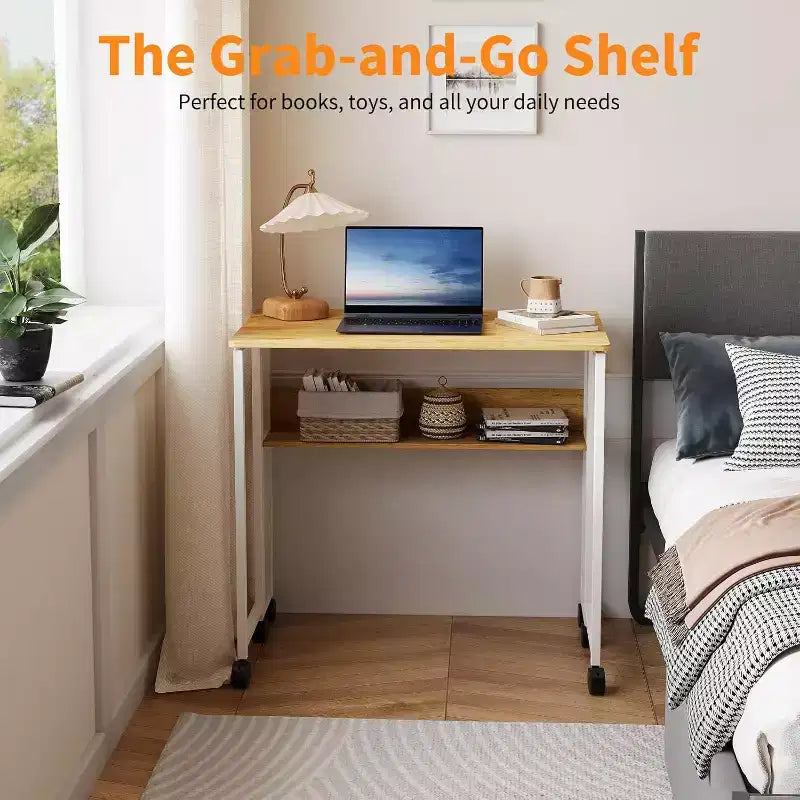 Petit bureau pliable avec étagère de rangement pour petits espaces, bureau d'ordinateur sur roulettes, bureau escamotable pour bureau à domicile, chambre à coucher