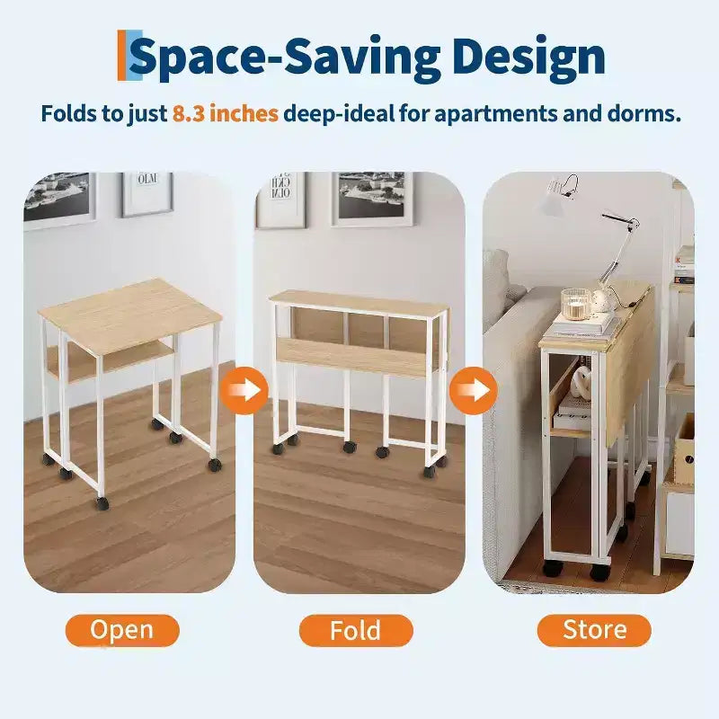 Petit bureau pliable avec étagère de rangement pour petits espaces, bureau d'ordinateur sur roulettes, bureau escamotable pour bureau à domicile, chambre à coucher