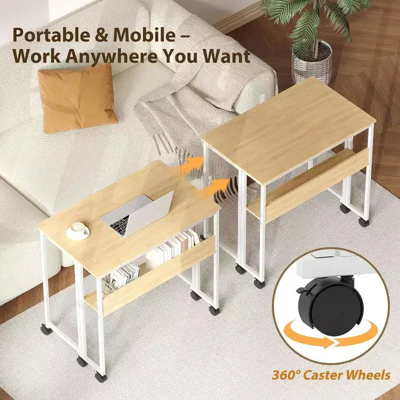Petit bureau pliable avec étagère de rangement pour petits espaces, bureau d'ordinateur sur roulettes, bureau escamotable pour bureau à domicile, chambre à coucher