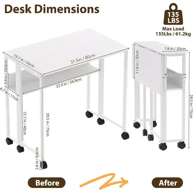 Petit bureau pliable avec étagère de rangement pour petits espaces, bureau d'ordinateur sur roulettes, bureau escamotable pour bureau à domicile, chambre à coucher