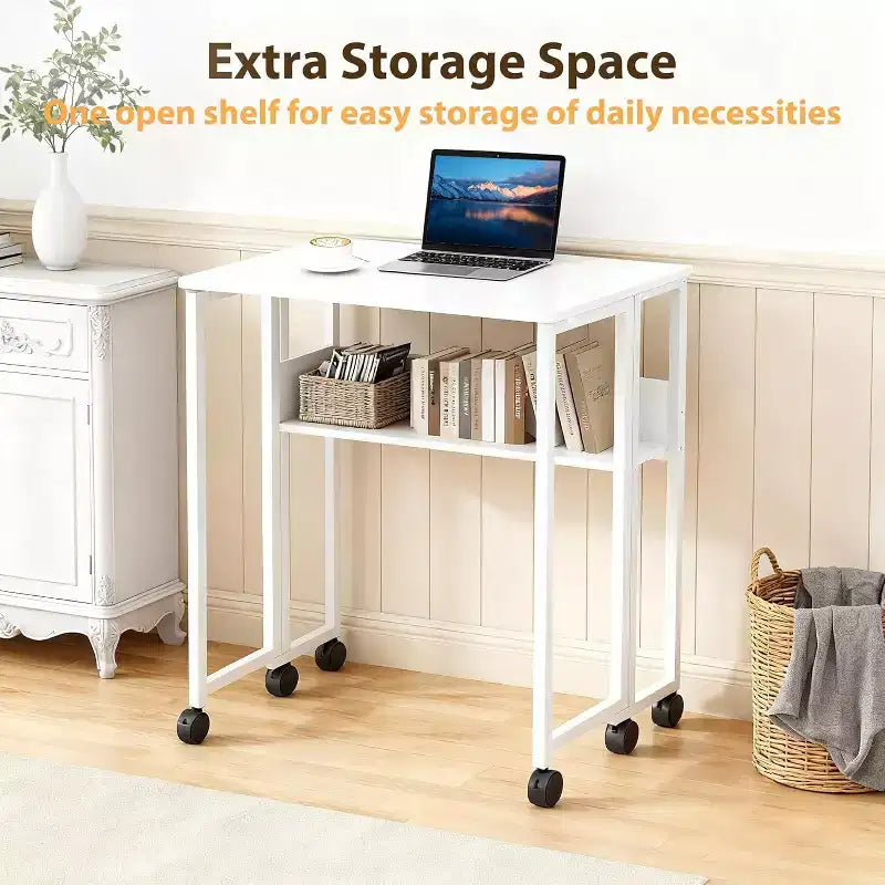 Petit bureau pliable avec étagère de rangement pour petits espaces, bureau d'ordinateur sur roulettes, bureau escamotable pour bureau à domicile, chambre à coucher