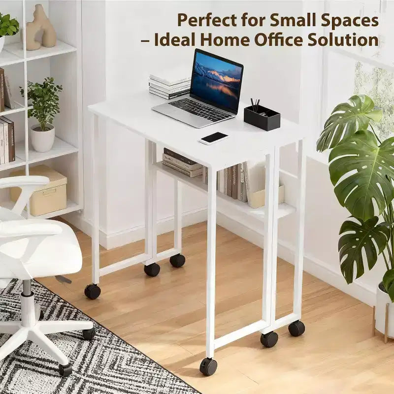 Petit bureau pliable avec étagère de rangement pour petits espaces, bureau d'ordinateur sur roulettes, bureau escamotable pour bureau à domicile, chambre à coucher