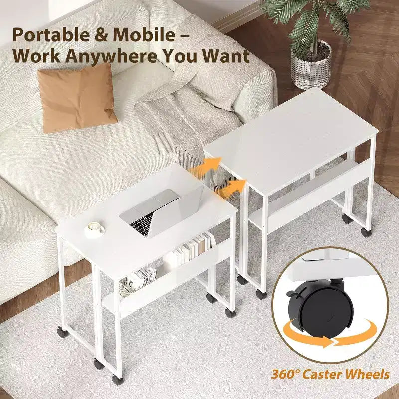 Petit bureau pliable avec étagère de rangement pour petits espaces, bureau d'ordinateur sur roulettes, bureau escamotable pour bureau à domicile, chambre à coucher