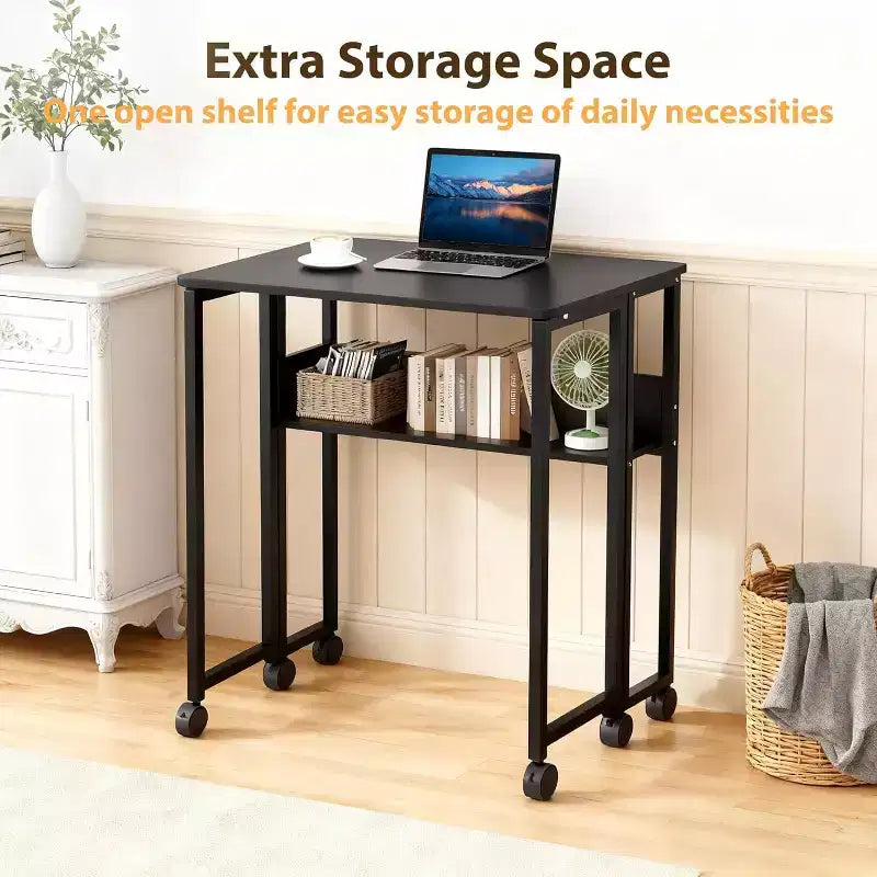 Petit bureau pliable avec étagère de rangement pour petits espaces, bureau d'ordinateur sur roulettes, bureau escamotable pour bureau à domicile, chambre à coucher