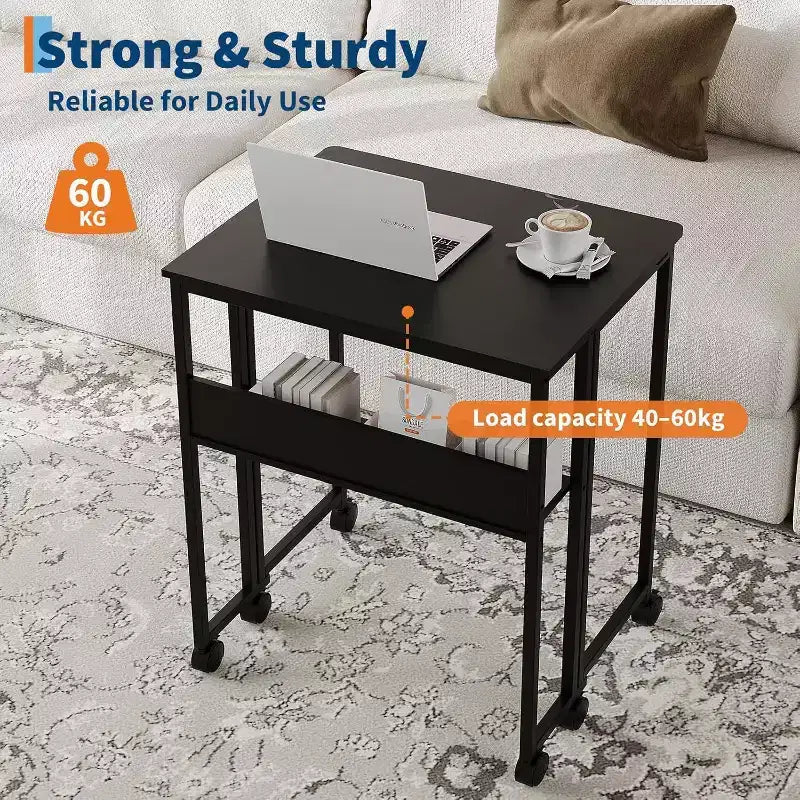 Petit bureau pliable avec étagère de rangement pour petits espaces, bureau d'ordinateur sur roulettes, bureau escamotable pour bureau à domicile, chambre à coucher