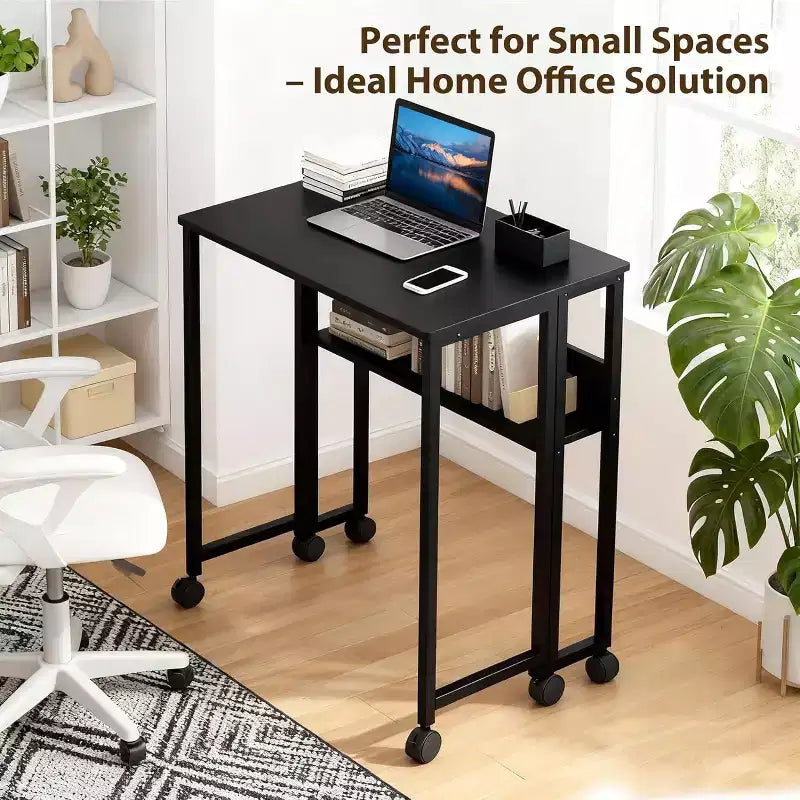 Petit bureau pliable avec étagère de rangement pour petits espaces, bureau d'ordinateur sur roulettes, bureau escamotable pour bureau à domicile, chambre à coucher