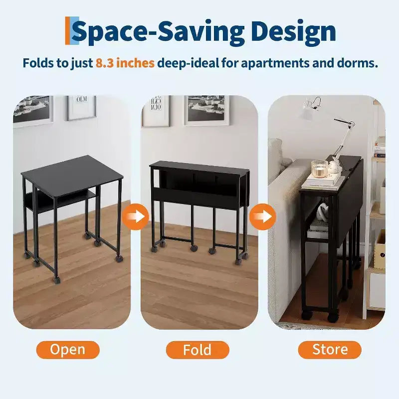 Petit bureau pliable avec étagère de rangement pour petits espaces, bureau d'ordinateur sur roulettes, bureau escamotable pour bureau à domicile, chambre à coucher