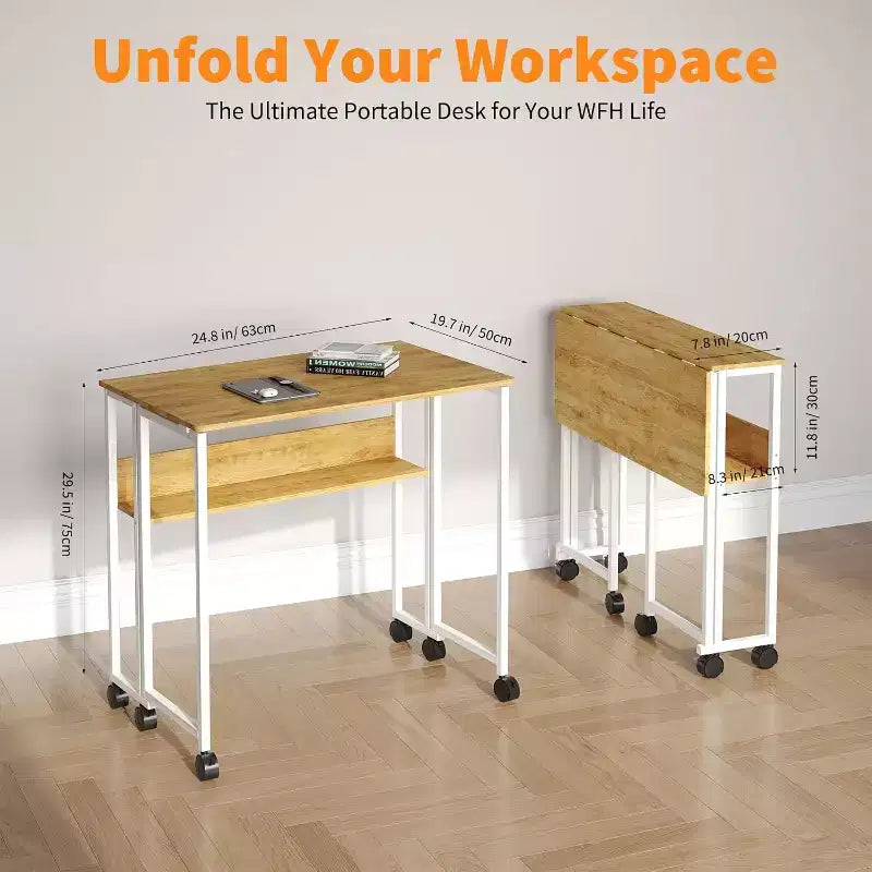 Petit bureau pliable avec étagère de rangement pour petits espaces, bureau d'ordinateur sur roulettes, bureau escamotable pour bureau à domicile, chambre à coucher