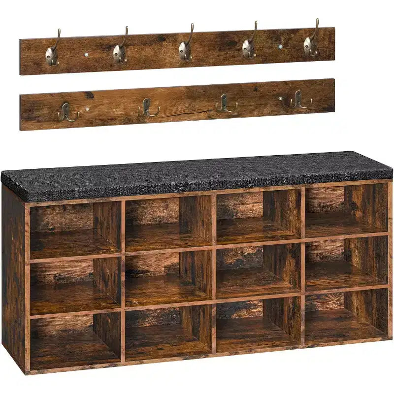 Banc de rangement pour chaussures ACOINEL avec coussin, banc d'entrée de 100 cm (39,4 po) avec 12 compartiments, arbre de vestibule et porte-manteau, capacité de 150 kg (330 lb)