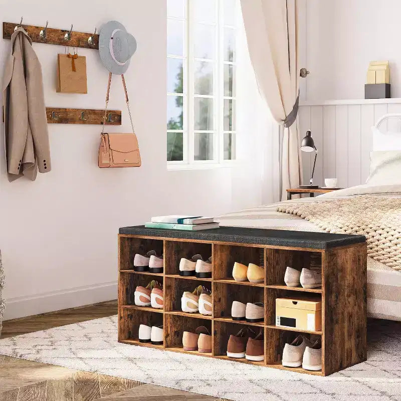 Banc de rangement pour chaussures ACOINEL avec coussin, banc d'entrée de 100 cm (39,4 po) avec 12 compartiments, arbre de vestibule et porte-manteau, capacité de 150 kg (330 lb)