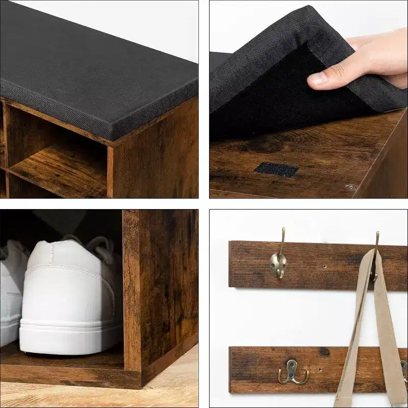 Banc de rangement pour chaussures ACOINEL avec coussin, banc d'entrée de 100 cm (39,4 po) avec 12 compartiments, arbre de vestibule et porte-manteau, capacité de 150 kg (330 lb)
