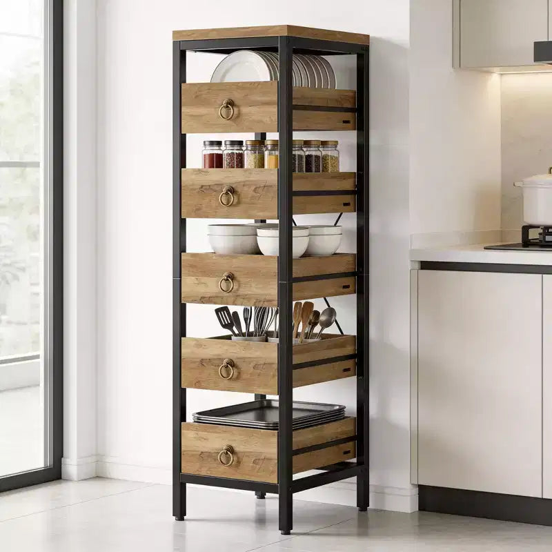 Étagère de rangement métallique fine à 5 niveaux avec tiroirs coulissants, étagère organisatrice pour espaces étroits pour la cuisine, le garde-manger, la salle de bain et la maison
