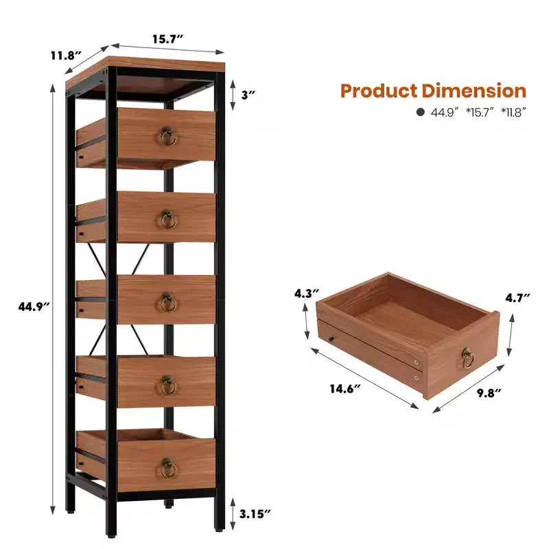 Étagère de rangement métallique fine à 5 niveaux avec tiroirs coulissants, étagère organisatrice pour espaces étroits pour la cuisine, le garde-manger, la salle de bain et la maison
