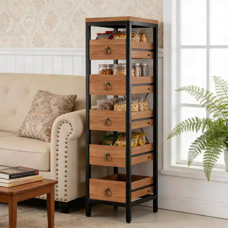 Étagère de rangement métallique fine à 5 niveaux avec tiroirs coulissants, étagère organisatrice pour espaces étroits pour la cuisine, le garde-manger, la salle de bain et la maison