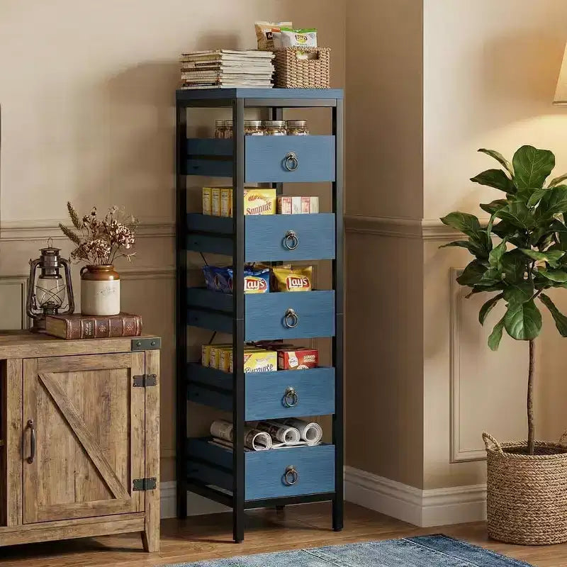 Étagère de rangement métallique fine à 5 niveaux avec tiroirs coulissants, étagère organisatrice pour espaces étroits pour la cuisine, le garde-manger, la salle de bain et la maison