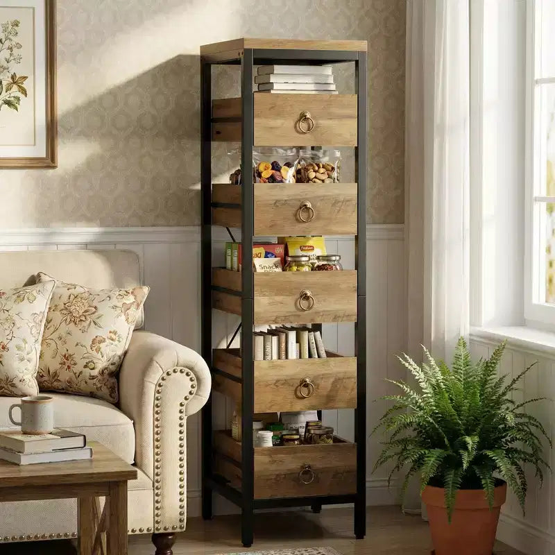 Étagère de rangement métallique fine à 5 niveaux avec tiroirs coulissants, étagère organisatrice pour espaces étroits pour la cuisine, le garde-manger, la salle de bain et la maison