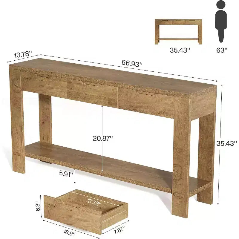 Console longue Lantine avec 3 tiroirs, table de canapé de 170 cm avec étagère de rangement, table d'entrée étroite de style rustique pour hall d'entrée, marron