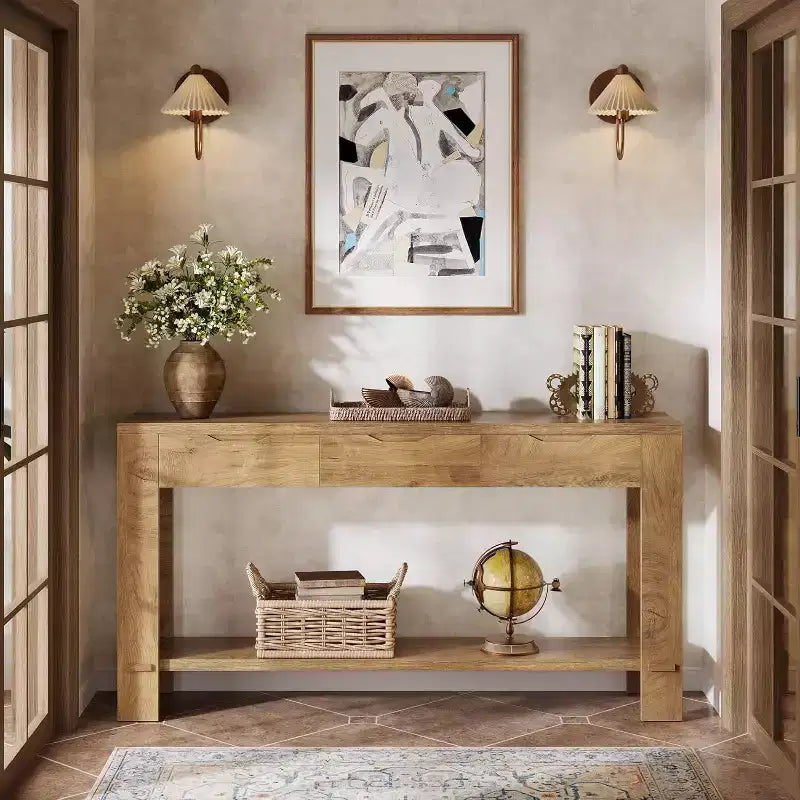 Console longue Lantine avec 3 tiroirs, table de canapé de 170 cm avec étagère de rangement, table d'entrée étroite de style rustique pour hall d'entrée, marron