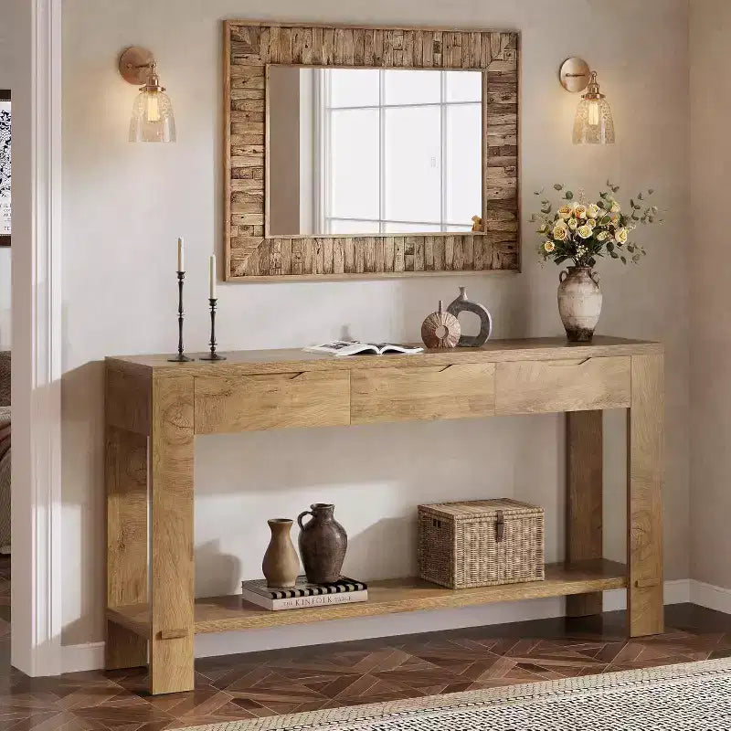 Console longue Lantine avec 3 tiroirs, table de canapé de 170 cm avec étagère de rangement, table d'entrée étroite de style rustique pour hall d'entrée, marron