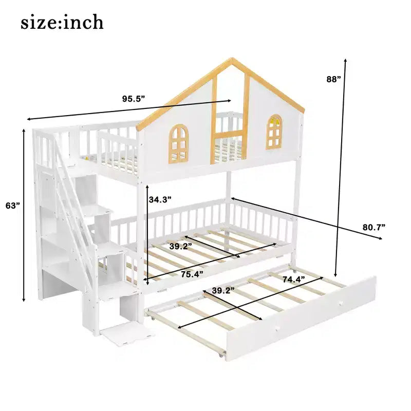 Lit superposé GDF Studio Albright en bois avec toit, escalier de rangement et lit gigogne