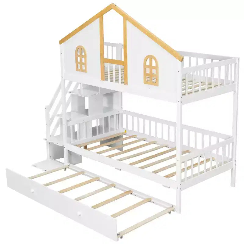 Lit superposé GDF Studio Albright en bois avec toit, escalier de rangement et lit gigogne
