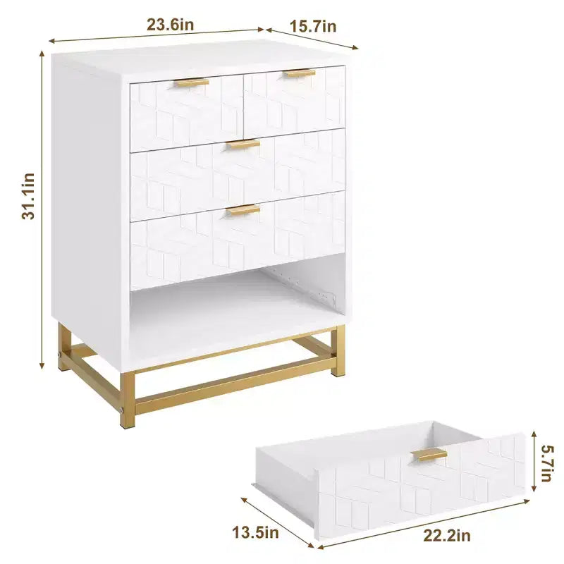 Commode, Meuble à 5 tiroirs scandinave blanc élégant, Rangement polyvalent pour chambre à coucher et salon