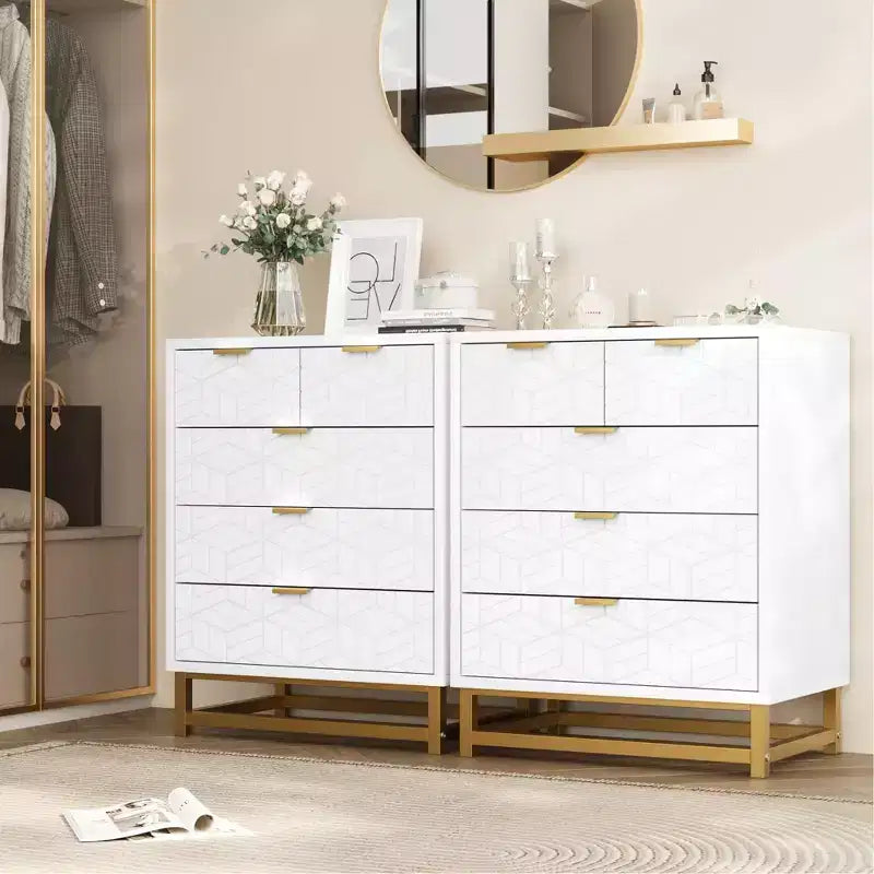 Commode, Meuble à 5 tiroirs scandinave blanc élégant, Rangement polyvalent pour chambre à coucher et salon