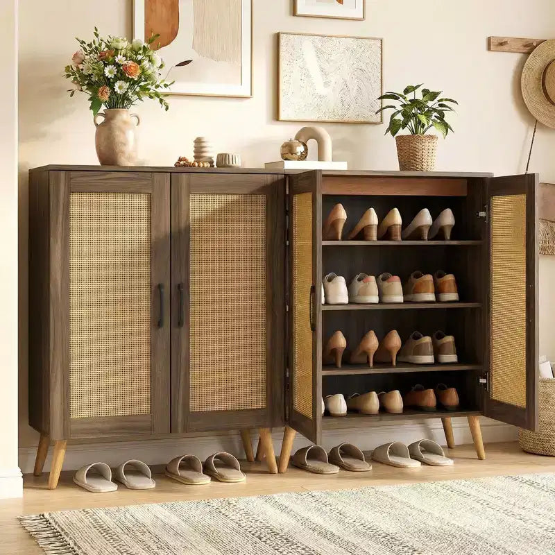 Meuble à chaussures en rotin Costway avec 3 étagères amovibles, meuble étroit à 5 niveaux pieds en bois, Noyer/Naturel