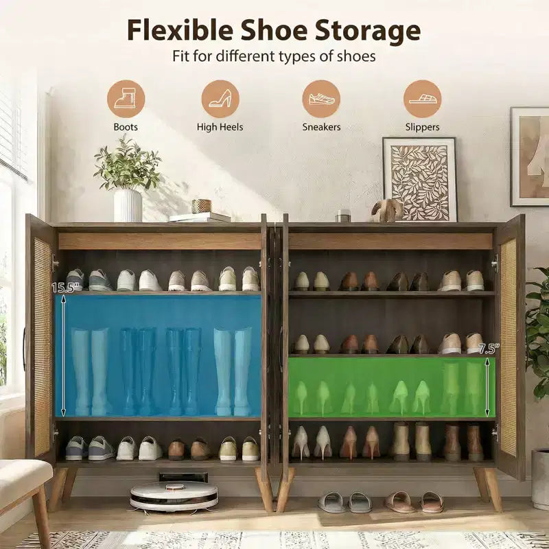 Meuble à chaussures en rotin Costway avec 3 étagères amovibles, meuble étroit à 5 niveaux pieds en bois, Noyer/Naturel