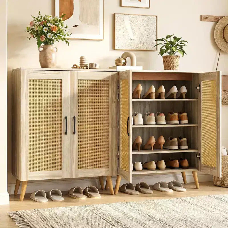 Meuble à chaussures en rotin Costway avec 3 étagères amovibles, meuble étroit à 5 niveaux pieds en bois, Noyer/Naturel