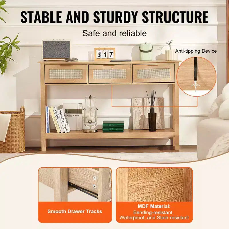 Console en rotin avec 3 tiroirs et étagère inférieure, table d'entrée étroite de 130,5 cm, beige