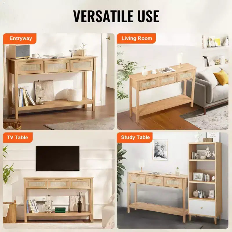 Console en rotin avec 3 tiroirs et étagère inférieure, table d'entrée étroite de 130,5 cm, beige