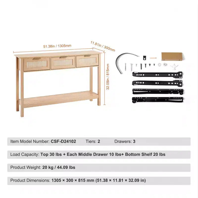 Console en rotin avec 3 tiroirs et étagère inférieure, table d'entrée étroite de 130,5 cm, beige