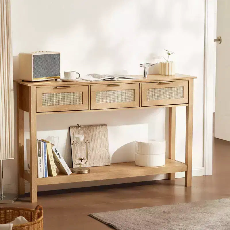 Console en rotin avec 3 tiroirs et étagère inférieure, table d'entrée étroite de 130,5 cm, beige