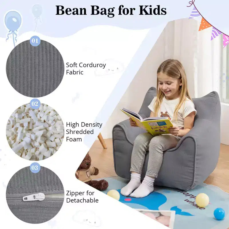 Chaise Poire Hommpa pour Enfants avec Oreilles de Chat, en Tissu Velours Côtelé Doux et Mousse à Mémoire de Forme, Fauteuil Confortable pour Tout-petits