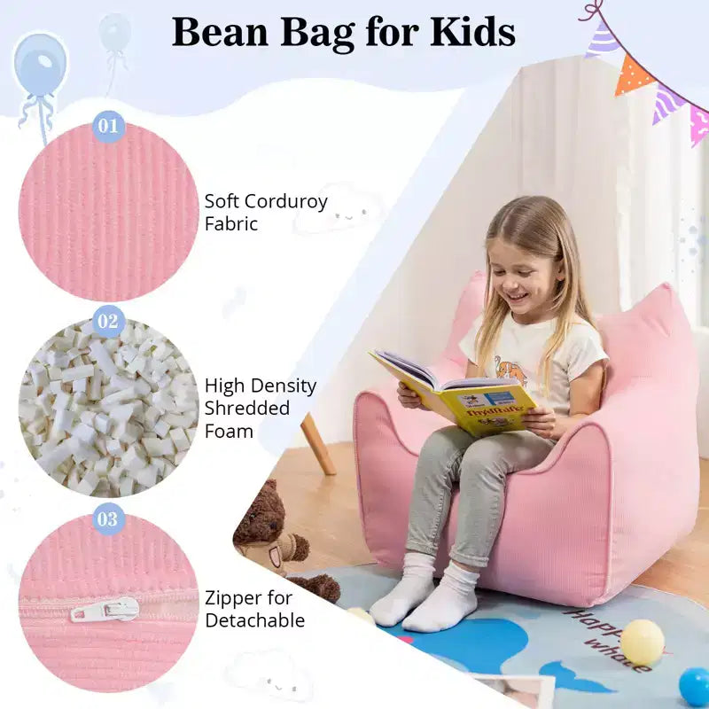 Chaise Poire Hommpa pour Enfants avec Oreilles de Chat, en Tissu Velours Côtelé Doux et Mousse à Mémoire de Forme, Fauteuil Confortable pour Tout-petits
