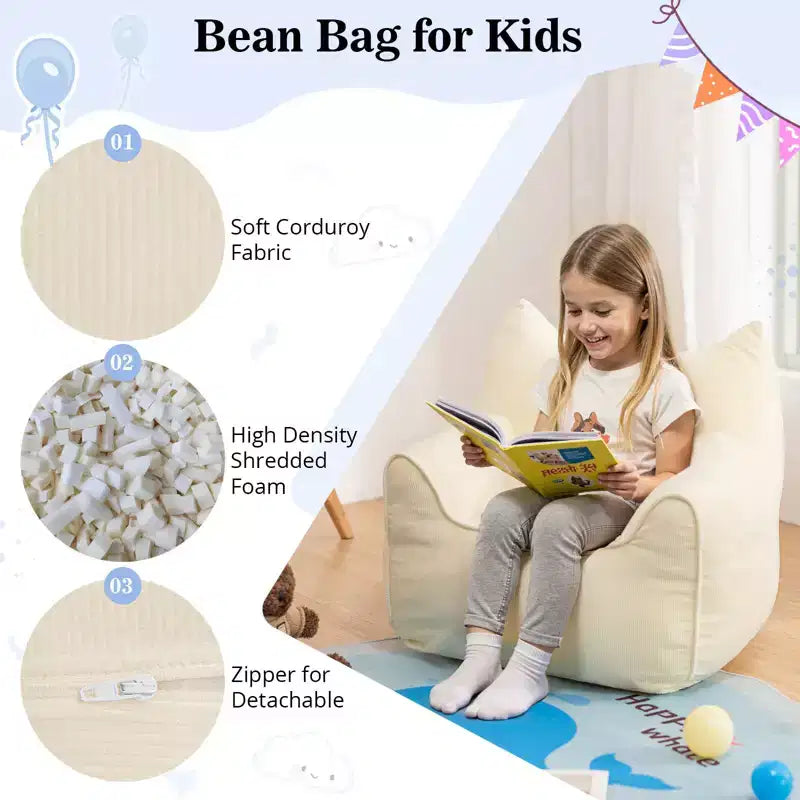 Chaise Poire Hommpa pour Enfants avec Oreilles de Chat, en Tissu Velours Côtelé Doux et Mousse à Mémoire de Forme, Fauteuil Confortable pour Tout-petits