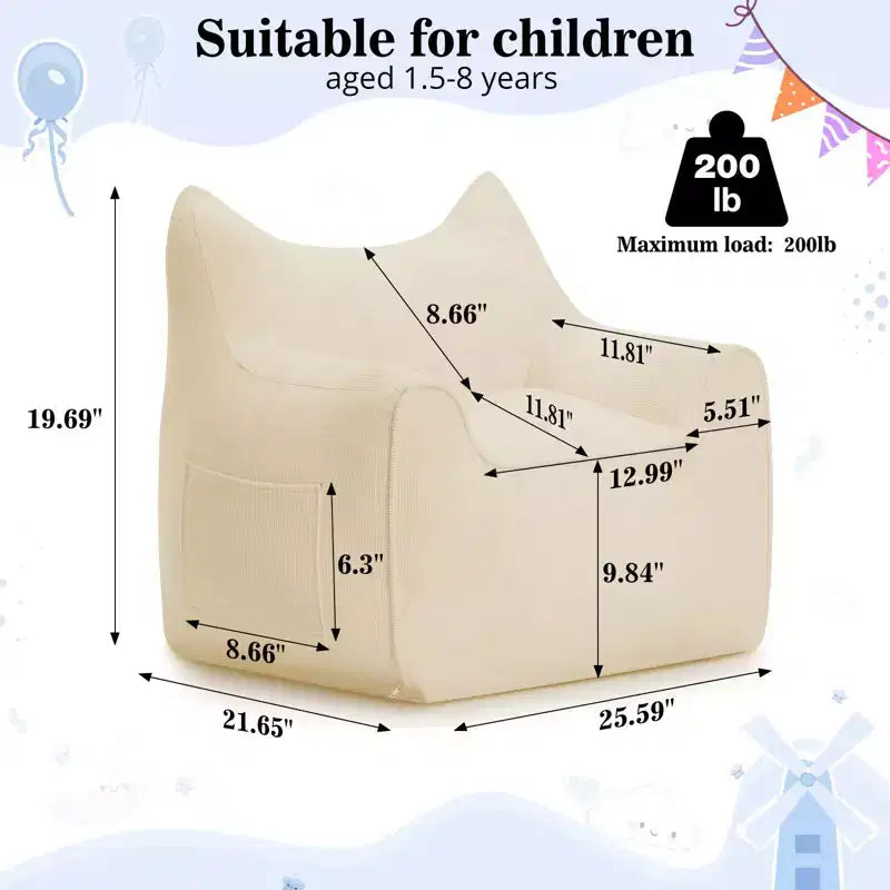 Chaise Poire Hommpa pour Enfants avec Oreilles de Chat, en Tissu Velours Côtelé Doux et Mousse à Mémoire de Forme, Fauteuil Confortable pour Tout-petits