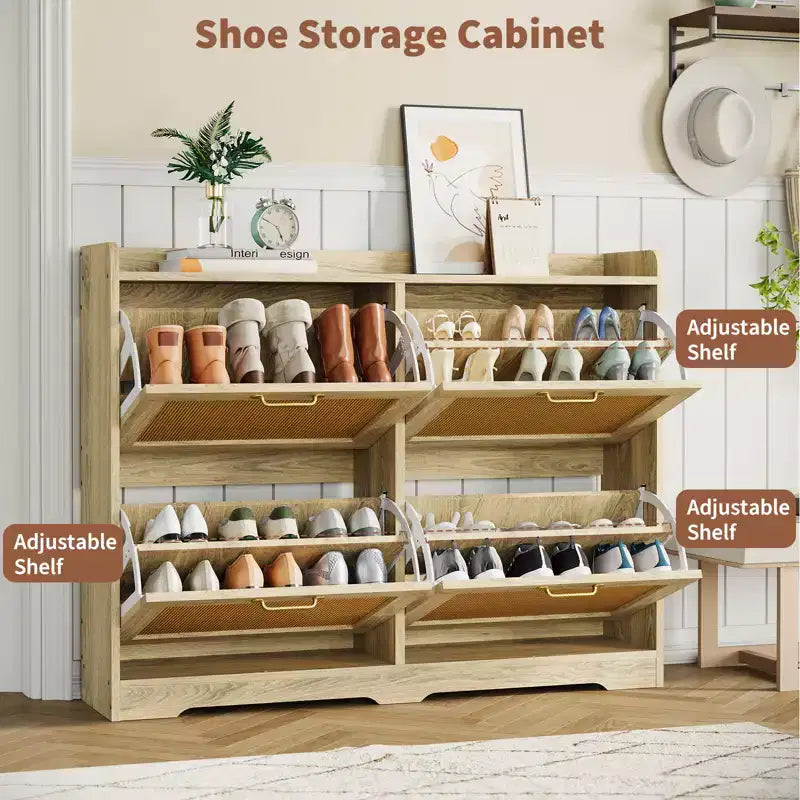 Meuble à chaussures avec 4 tiroirs à abattant, organisateur de rangement dissimulé haute capacité, étagère à chaussures en bois autoportante élégante et simple pour entrée, couloir, vestibule