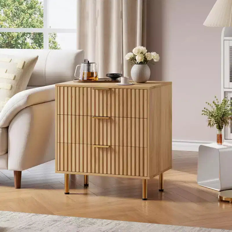 Commode à 3 tiroirs pour chambre à coucher, commode cannelée avec grands tiroirs et pieds dorés robustes, commodes et chiffonniers pour chambre à coucher, salon
