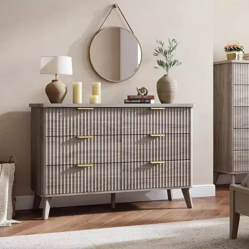 Commode 6 tiroirs pour chambre à coucher, commode de 120 cm de large avec profil incurvé, tiroirs en bois cannelé, commode moderne pour salon