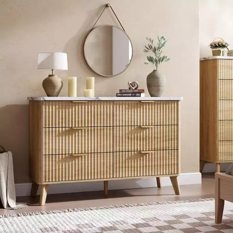Commode 6 tiroirs pour chambre à coucher, commode de 120 cm de large avec profil incurvé, tiroirs en bois cannelé, commode moderne pour salon